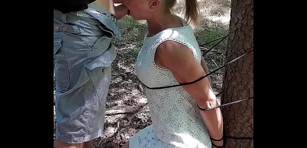  Belgian milf gets tied up in woods and sucks dick